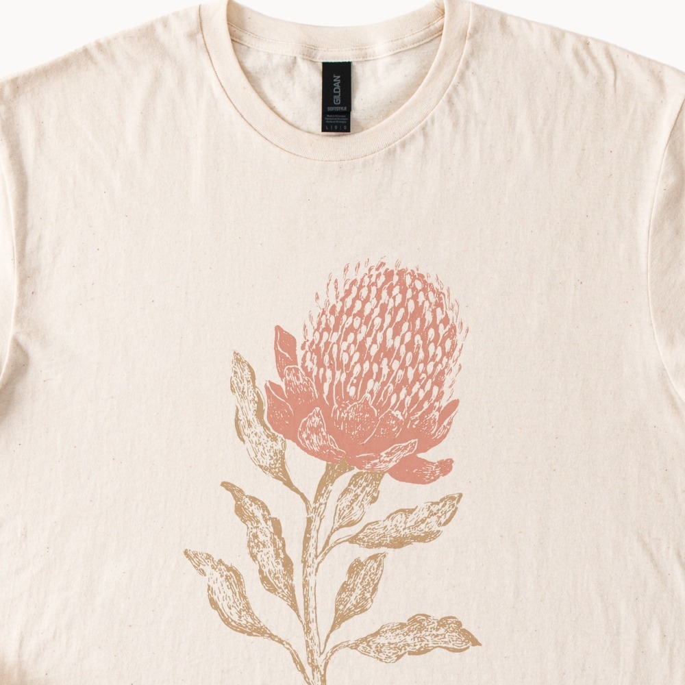 Botanical Woodcut Graphic Tee Red Flower Illustration Nature Art